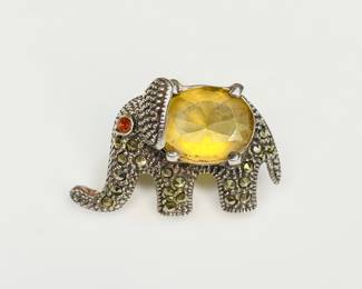 Sterling Marcasite Citrine Elephant Brooch