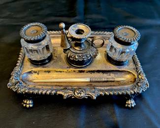 Antique double inkwell with mother of pearl handled pen