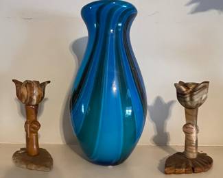 Glass vase with stone candlesticks