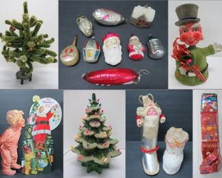 2 Ceramic Trees, 2 Feather trees and two aluminum, many ornaments and Rosbro figures