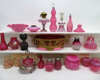 Many pieces of Cranberry glass from the Cranberry Museum collection