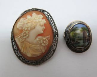Cameo and scenic pin brooches