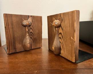 1970s Witco Carved Wood Cat Bookends