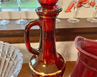 Red Glass Decanter with Gold Floral Design