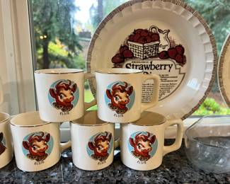 The Borden Company Coffee Mugs - Elmer the Bull, Elsie the Cow, Royal China Jeannette Company Strawberry Pie Plate