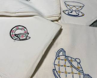Embroidered Napkins with Tea Set Design
