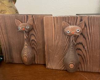 1970s Witco Carved Wood Cat Bookends