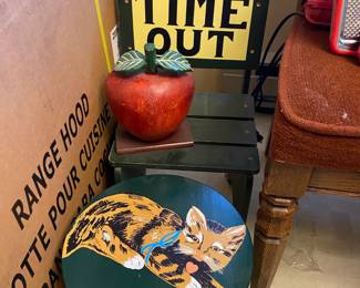 Painted Green Stool with Cat Design, Time Out Seat, Cast Metal Iron Apple Door Stop