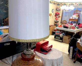 Mid Century Amber Glass and Brass Lamp