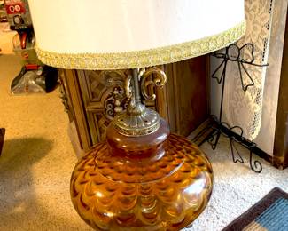 Mid Century Amber Glass and Brass Lamp