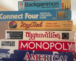 Milton Bradley 1973 Backgammon, Milton Bradley 1979 Connect Four, 1981 Hog Tied Board Game, 1970 Aggravation Deluxe Lakeside Game, Parker Brothers 1961 Monopoly, American in a Box Monopoly Game