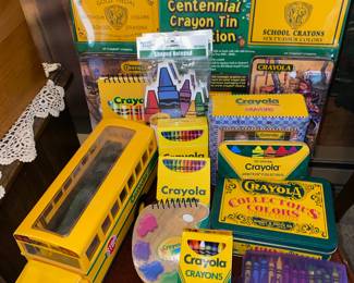 2003 Crayola Centennial 100 Year Anniversary Tin Collection, 1993 Binney & Smith Crayola School Bus Crayon Storage, Assortment of Crayola Crayons
