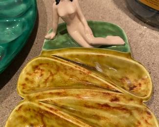 Mid Century Yellow/Green Pottery Divided Dish with Woman Figure