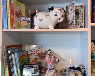 Anthropomorphic Piggybank with Pink Roses and Corkscrew Tail, Assortment of Children's Books, Shaklee Products Small Wonder Pink Rubber Bunny Squeaky Toy