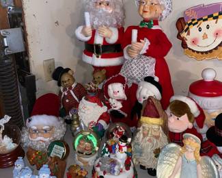 Light Up Telco Mr. & Mrs. Claus, Pair of Windup Christmas Bears, Frosty the Snowman Wind Up Spinning Music Box, Guardian Angel Watching Over Baby Figurine, Assortment of Christmas Figurines, Hand Painted Resin Santa Head