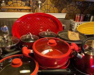2 Red Safe-T-Grip Ceramic Nonstick Fry Pans with Lids