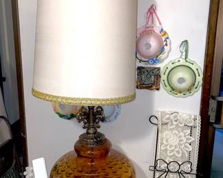 Mid Century Amber Glass and Brass Lamp