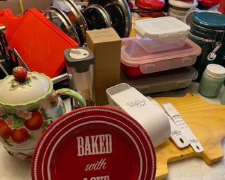 Red and White "Baked with Love" Dessert Plate, Temp-tations Apple Themed Tea for one Set, The Pampered Chef Sliding Adjustable Measuring Cup