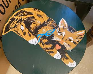 Painted Green Stool with Cat Design