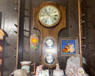 Wood Framed Cross Stitch Owls on a Branch, Norman Rockwell "Mother's Little Angel" Figurine, 1983 Retro Willitts Owl Music Box