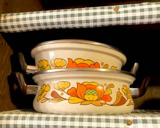 Pair of Sanko Ware Country Flowers Porcelain Enamel Steel Pots