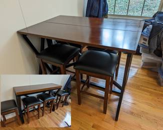 Counter Height Solid Wood Table with 4 stools. Great for compact spaces as folds in half.