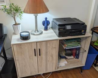 Console Storage Cabinet & Shelf, Lamp. (Printer & books not for sale)