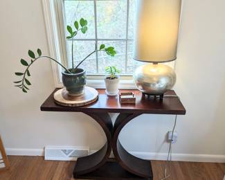 Solid wood console table from Grandin Road. Asian-inspired lamp, plants.