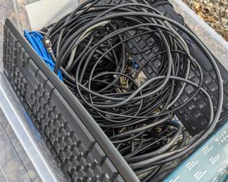 Ethernet Cables, Keyboards, USB cables, Audio Wires,  Cable wire, lots of miscellaneous cables and power blocks for apple devices.  There are about 3-4 bins worth of electrical parts/wires. This is only 1 of them.
