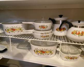 Assortment of Corning Ware "Spice of Life" Casserole Dishes, Sauce Pans, Teapots