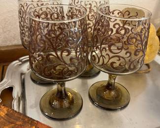  Set of 4 Libbey Prado Brown Raised Swirl Cordial Glasses 