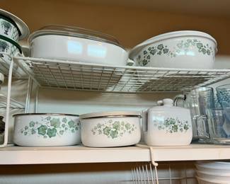 Corning Ware "Green Ivy"  - 2 Enameled Metal Bowls, Round Casserole Dish, Corelle Callaway "Green Ivy" Napkin Holder