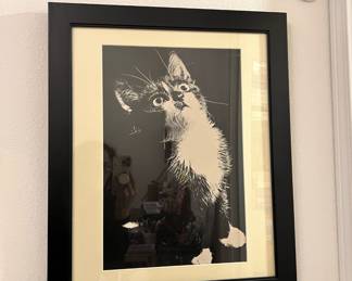Framed and Matted Black & White Cat Lithograph
