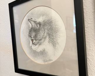 Signed Pencil Drawing of Cat 