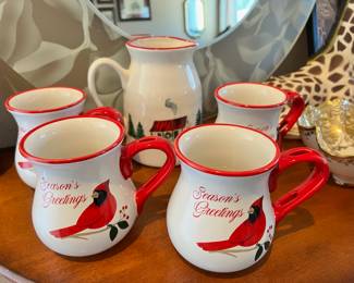 Cardinal "Season's Greetings" Coffee Mugs and Pitcher