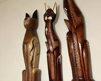 Pair of Carved Standing Wooden Cats