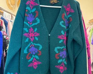 Eddie Bauer Teal Floral Knitted Cardigan - Size Medium