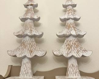 Pair of White Wood Carved Christmas Tree Decorations