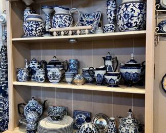 Bombay Company  Cobalt Blue/White Teapot, Bombay Company Cobalt Blue/White Footed Teapot, Ralph Lauren Mandarin Blue/White Porcelain Pitcher, Pair of  Ralph Lauren Mandarin Blue/White Porcelain Candle Sticks, Ralph Lauren Mandarin Blue/White Ginger Jar, Navy Blue/White Porcelain Ginger Jar, Chinoiserie Porcelain Pedestal Blue/White Bowl