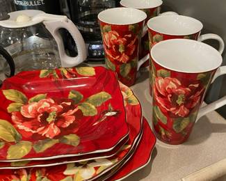 222 Fifth Red Camelia Dinnerware Set - 2 Salad Plates, 2 Dinner Plates, 4 Tall Mugs, Platter, 3 Square Dipping Bowls, 2 Small Round Bowls