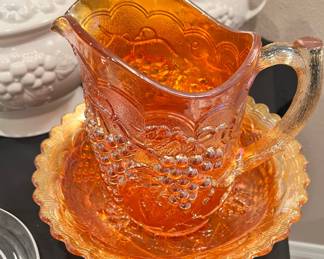Marigold Carnival Glass Pitcher and Bowl with Grape Pattern