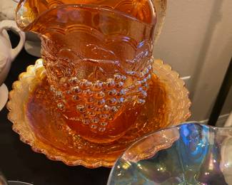 Marigold Carnival Glass Pitcher and Bowl with Grape Pattern