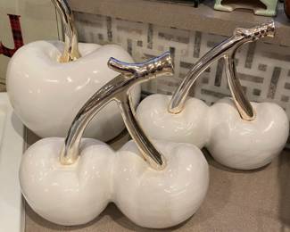  3 White Ceramic Cherry Sculptures