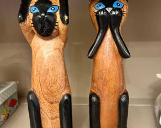 Wood Carved Siamese Cats - Speak No Evil, Hear No Evil