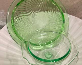 Green Uranium Glass Cake Tray/Platter with Swirl Design, Green Uranium Glass Candy Dish