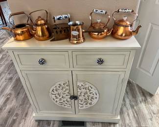 White Cabinet Floral Motif, 1984 Copper Le Saucier Copper Warming Pot - Made in Portugal, 2 Copper Tea Pots with Delft Blue & White Porcelain Handle, Copper Coal Iron with Delft Blue & White Porcelain Handle