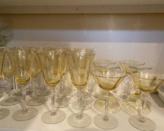 Matching Set of Yellow Glass Wine Glasses and Martini Glasses 