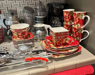 222 Fifth Red Camelia Dinnerware Set - 2 Salad Plates, 2 Dinner Plates, 4 Tall Mugs, Platter, 3 Square Dipping Bowls, 2 Small Round Bowls