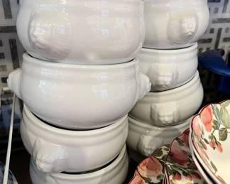 Set of 8 White Ceramic Soup Bowls with Lion Head Handles