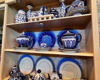 Bombay Company  Cobalt Blue/White Teapot, Bombay Company Cobalt Blue/White Footed Teapot, Ralph Lauren Mandarin Blue/White Porcelain Pitcher, Pair of  Ralph Lauren Mandarin Blue/White Porcelain Candle Sticks, Ralph Lauren Mandarin Blue/White Ginger Jar, Navy Blue/White Porcelain Ginger Jar, Chinoiserie Porcelain Pedestal Blue/White Bowl